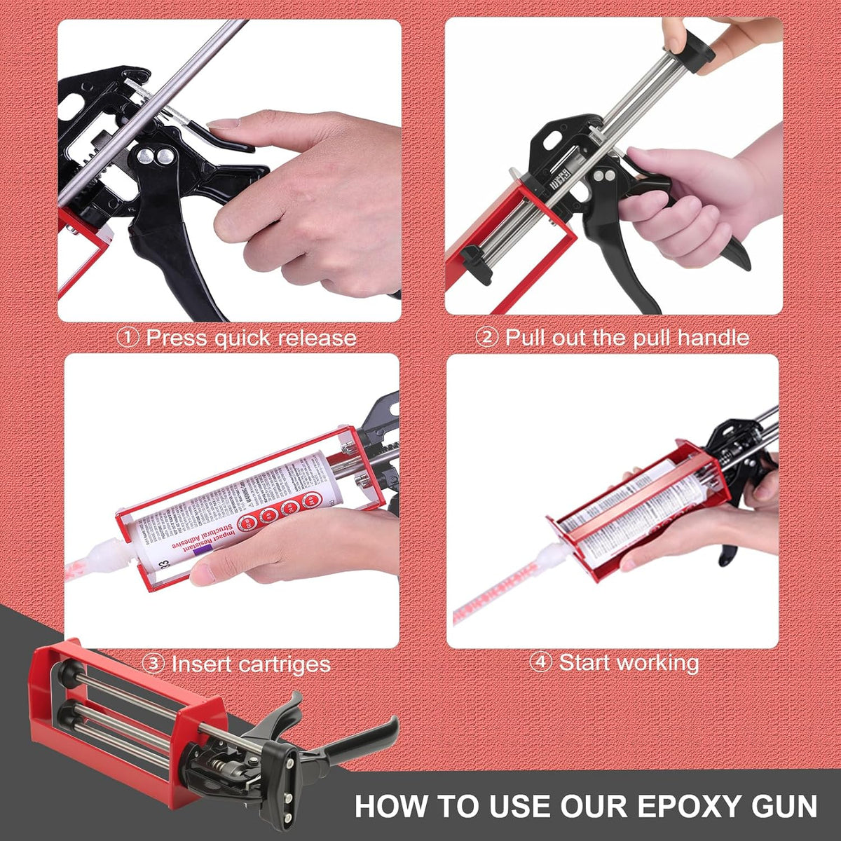 Pistola epoxi de doble componente de 6.8 fl oz – Manual 1:1 y 2:1 aplicador adhesivo para epoxi, uretano, acrílico, pistola adhesiva de 2 partes de alto empuje para unión de paneles, reparación estructural y plástica, rojo