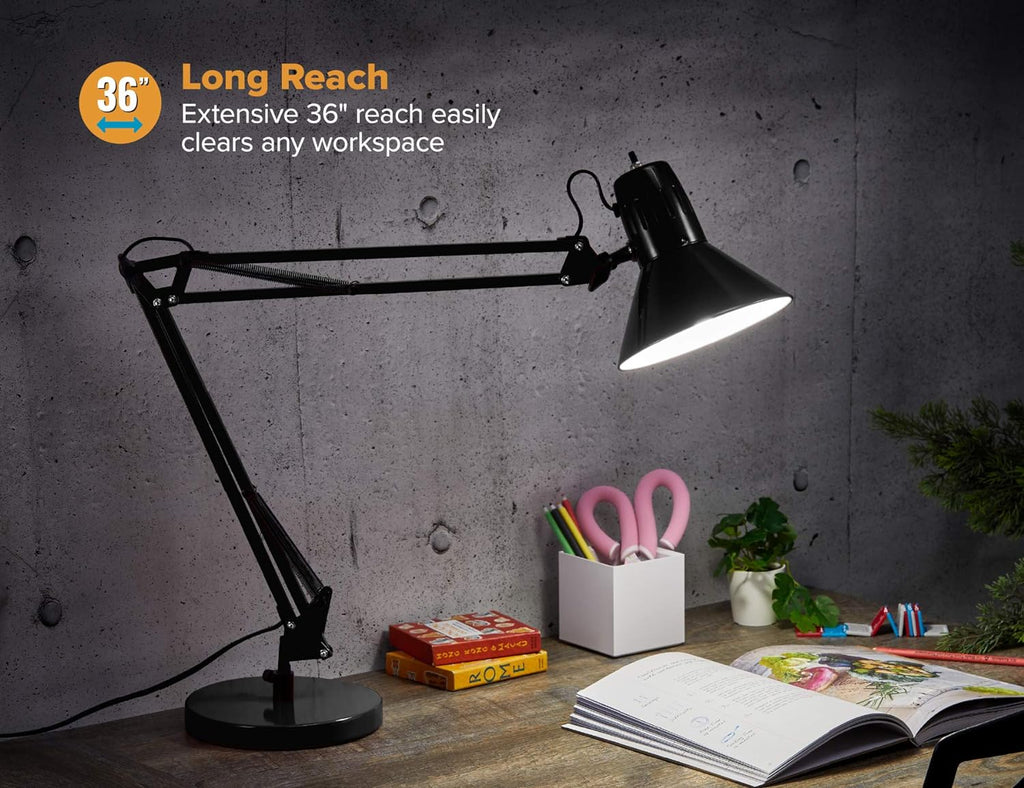 Lámpara Bostitch Office VLF100D - Lámpara de escritorio con brazo oscilante, metal, alcance de 36 pulgadas con ajuste multijunta, incluye bombilla LED reemplazable (VLF), color negro