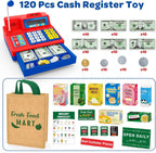 Calculadora de caja registradora de juguete de regalo para niños de 3, 4, 5, 6, 7, 8+ años, juego de 120 piezas de tienda de comestibles con micrófono, cajas de comestibles, tarjeta de crédito, caja registradora roja para niños pequeños de 4 a 8 años