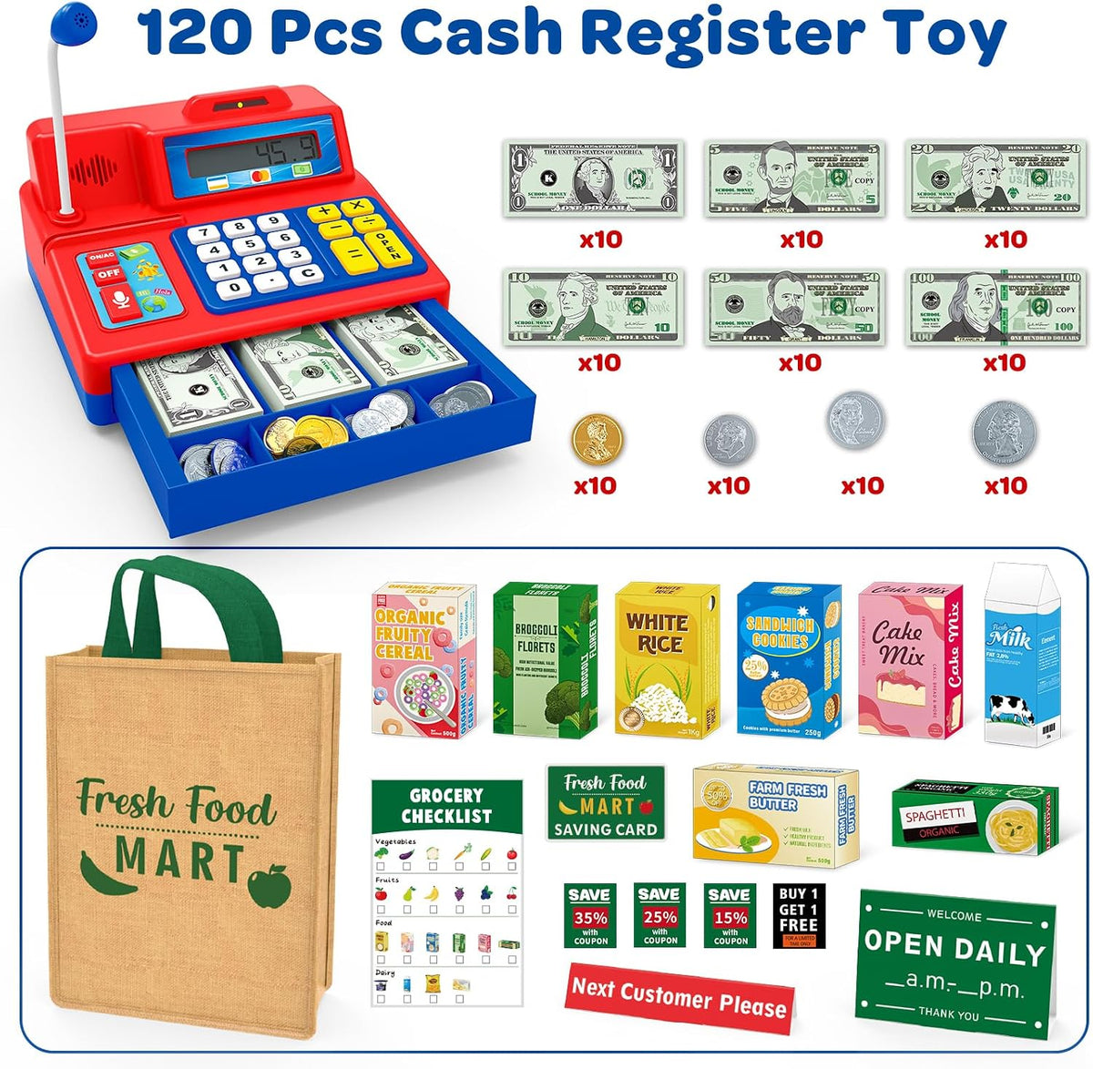 Calculadora de caja registradora de juguete de regalo para niños de 3, 4, 5, 6, 7, 8+ años, juego de 120 piezas de tienda de comestibles con micrófono, cajas de comestibles, tarjeta de crédito, caja registradora roja para niños pequeños de 4 a 8 años