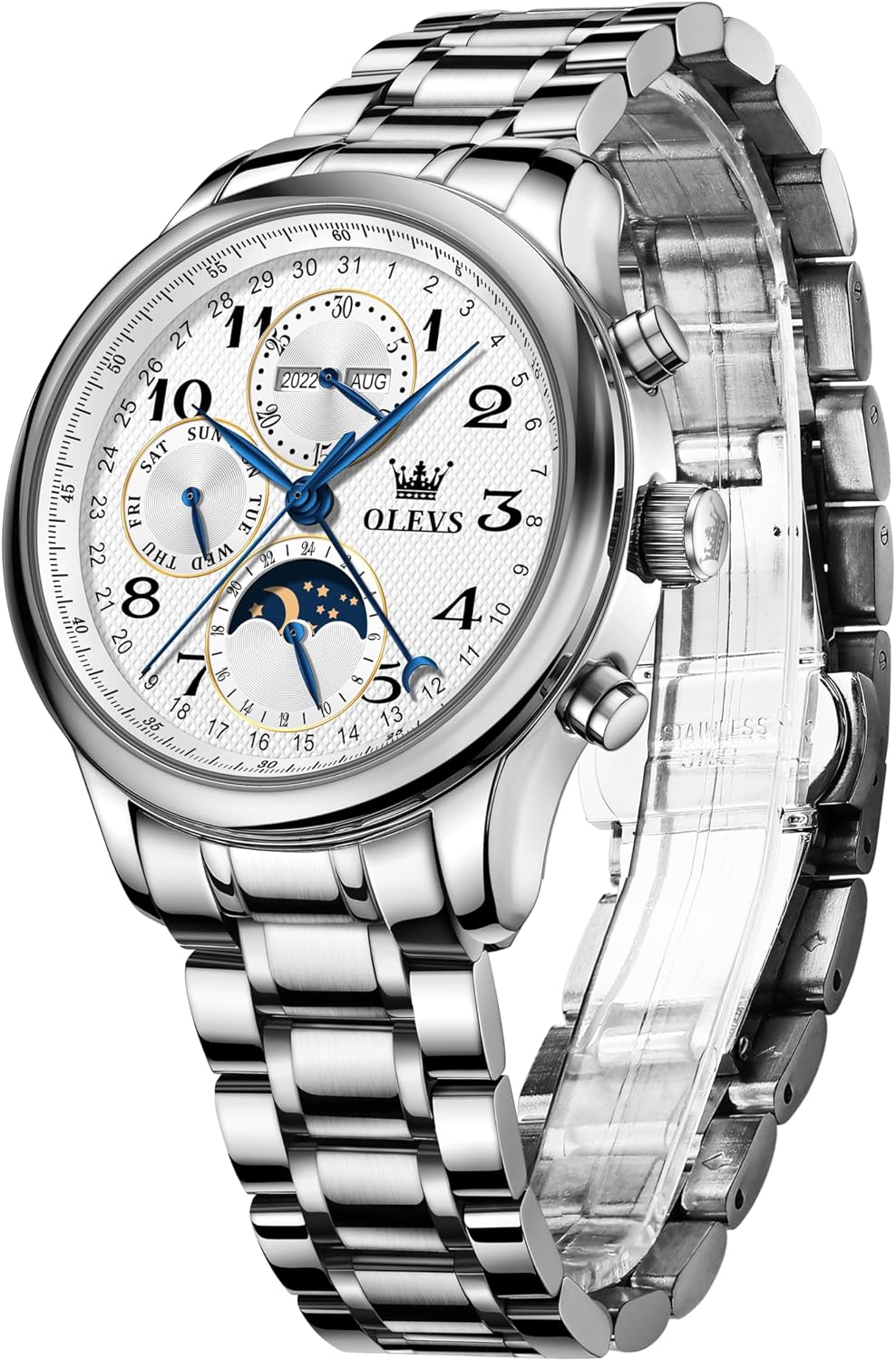 OLEVS - Relojes automáticos para hombre, multicalendario, con fase lunar, 3ATM impermeable, reloj de lujo clásico para negocios, de pulsera