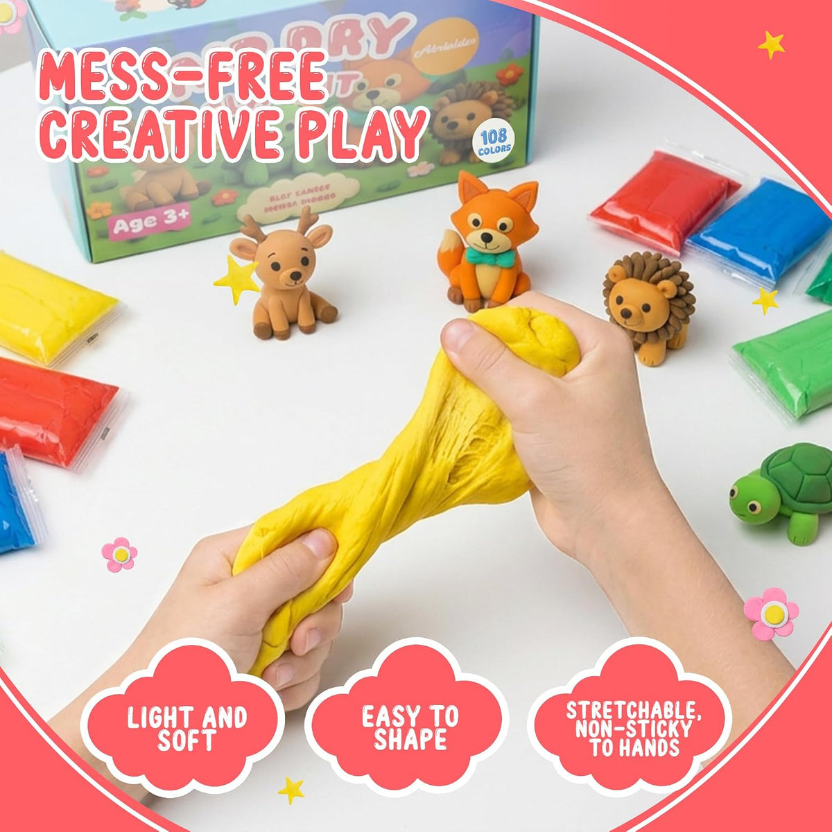 Arcilla seca al aire para niños, kit de arcilla suave de 108 colores, no tóxico, modelo de bricolaje de arte y manualidades juguetes con herramientas de escultura, kit de manualidades pintable