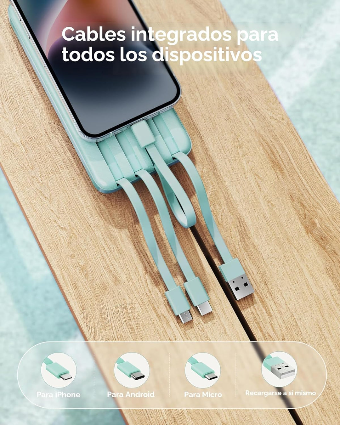 charmast Cargador portátil con cables incorporados, banco de energí...