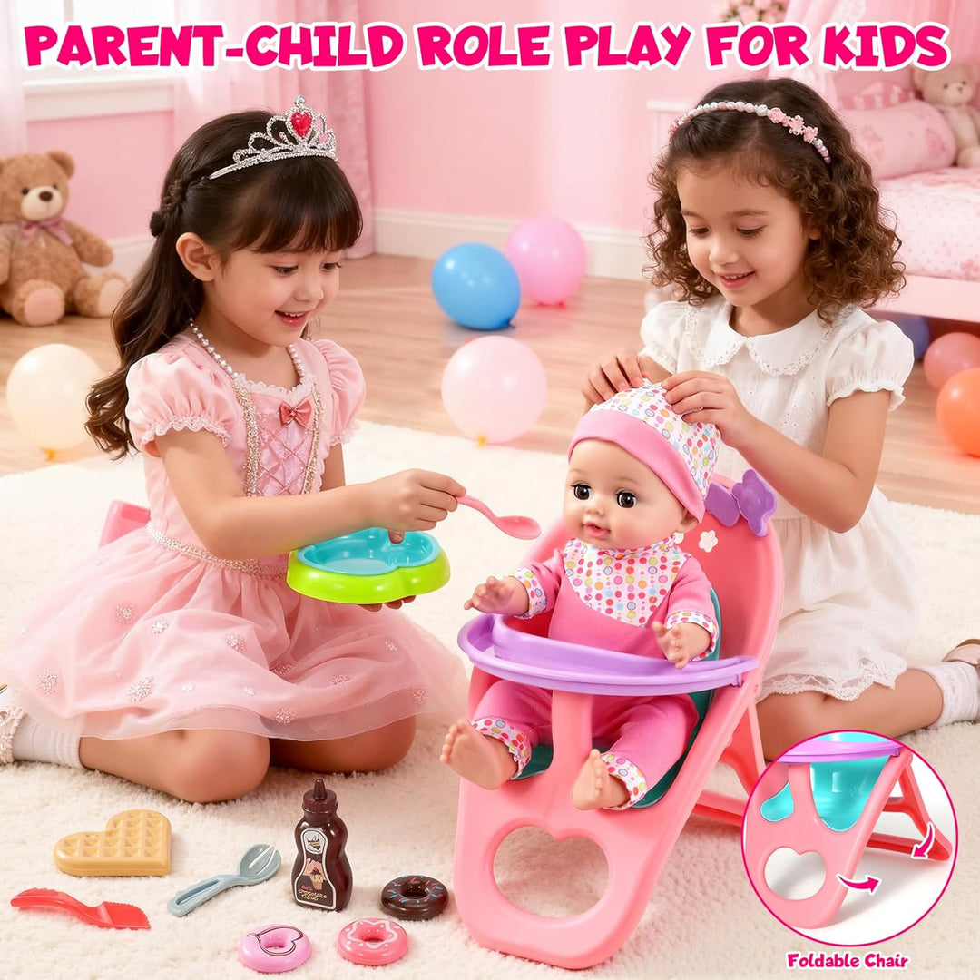 DRAMATION Juego de muñeca bebé de 12 pulgadas con cuna y silla alta...