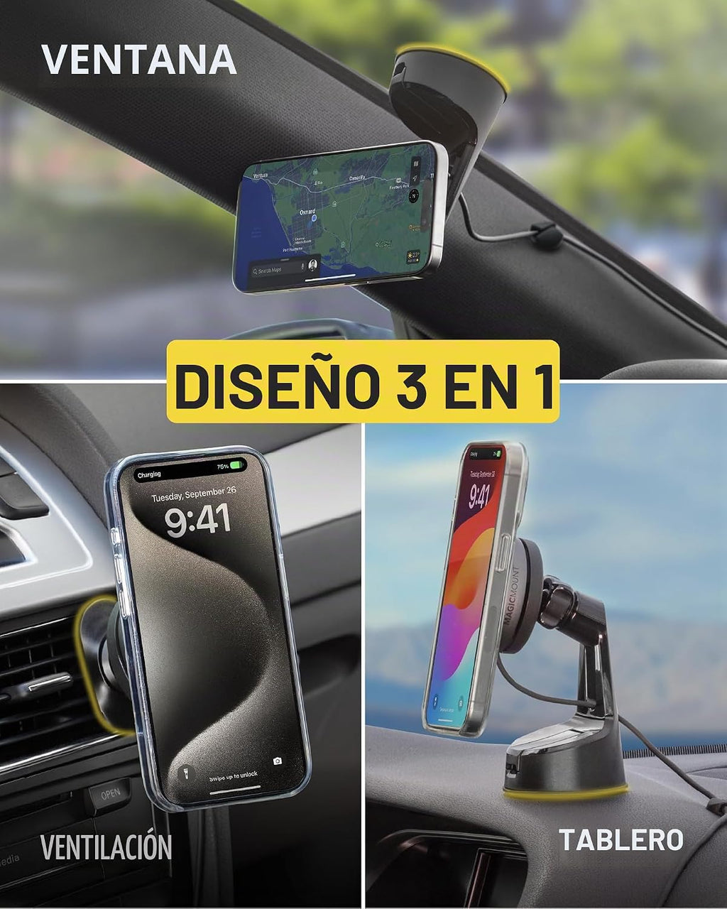 Scosche Qi2 Cargador magnético inalámbrico MagSafe para coche, soporte de 15 W con ventosa magnética para parabrisas/salpicadero con clip de ventilación y cargador de coche USB-C rápido compatible con