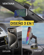 Scosche Qi2 Cargador magnético inalámbrico MagSafe para coche, soporte de 15 W con ventosa magnética para parabrisas/salpicadero con clip de ventilación y cargador de coche USB-C rápido compatible con