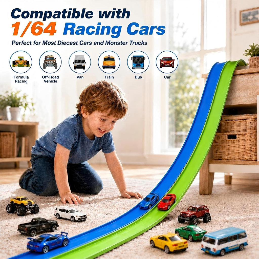 Pistas flexibles de 15 pies de pista de carreras flexibles para niños, juego de pista de auto de bricolaje con autos de rebote 1/64, pistas de carreras enrollables portátiles con ventosas fuertes