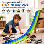 Pistas flexibles de 15 pies de pista de carreras flexibles para niños, juego de pista de auto de bricolaje con autos de rebote 1/64, pistas de carreras enrollables portátiles con ventosas fuertes