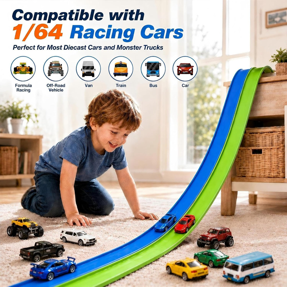 Pistas flexibles de 15 pies de pista de carreras flexibles para niños, juego de pista de auto de bricolaje con autos de rebote 1/64, pistas de carreras enrollables portátiles con ventosas fuertes