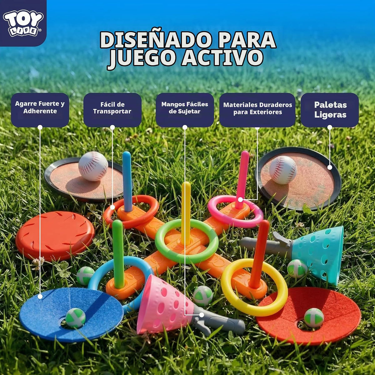 TOY Life Juego de pelota de lanzar y atrapar 5 en 1 para niños, juego de captura de bolas adhesivas con guantes y bolas, lanzamiento de anillo, juegos al aire libre y patio, juegos de playa para niños