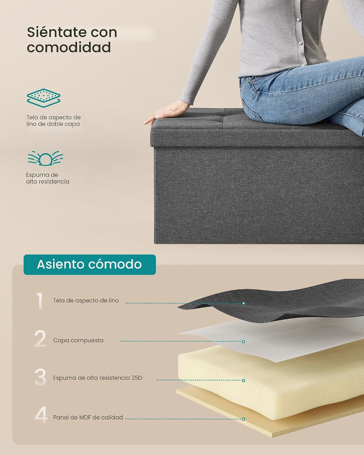 SONGMICS Colección MAZIE - Banco otomano plegable de almacenamiento de 43 pulgadas, reposapiés otomano, banco para el final de la cama, pecho de almacenamiento, carga 299 kg, para sala de estar