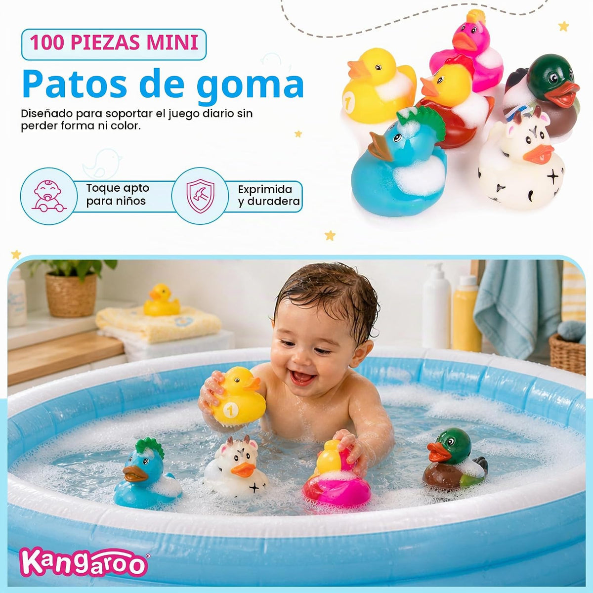 Kangaroo 100 piezas de mini patos de goma a granel – Juguetes flotantes de baño para bebés para niños