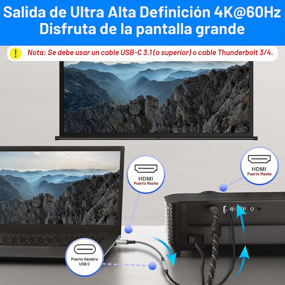 Adaptador HDMI activo a USB C con cable USB C 4K@60Hz, unidireccional