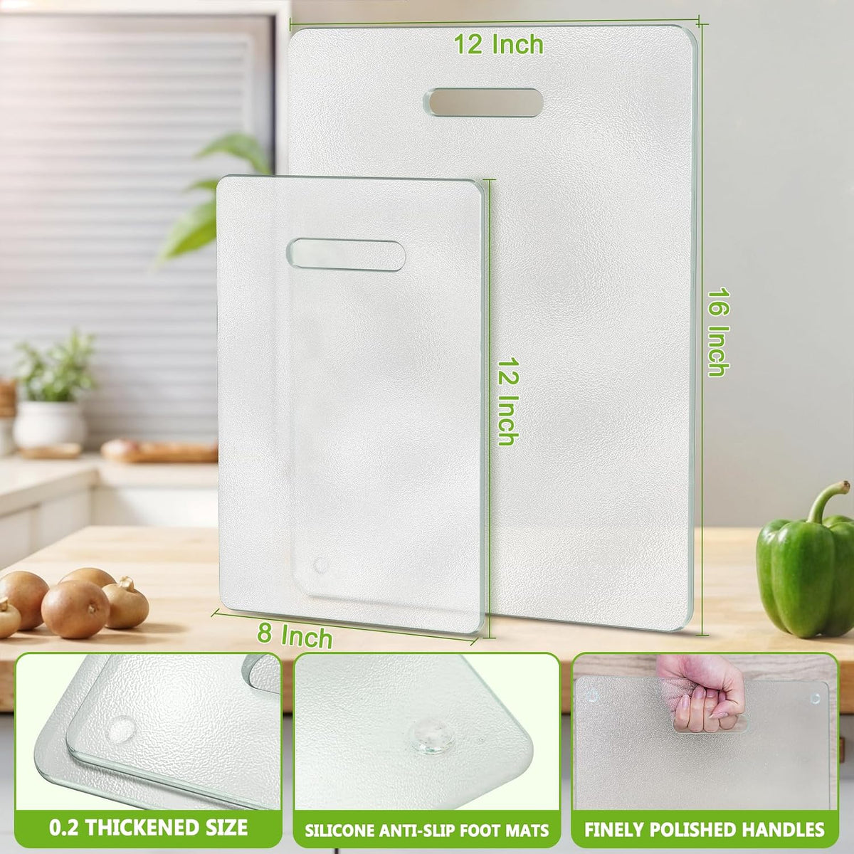 Tabla de cortar de vidrio templado para cocina, 2 tablas de cortar transparentes con mango (16 x 12 pulgadas y 12 x 8 pulgadas), sin plástico, resistente a los arañazos, resistente al calor, apta para lavavajillas, no tóxica, fácil de limpiar