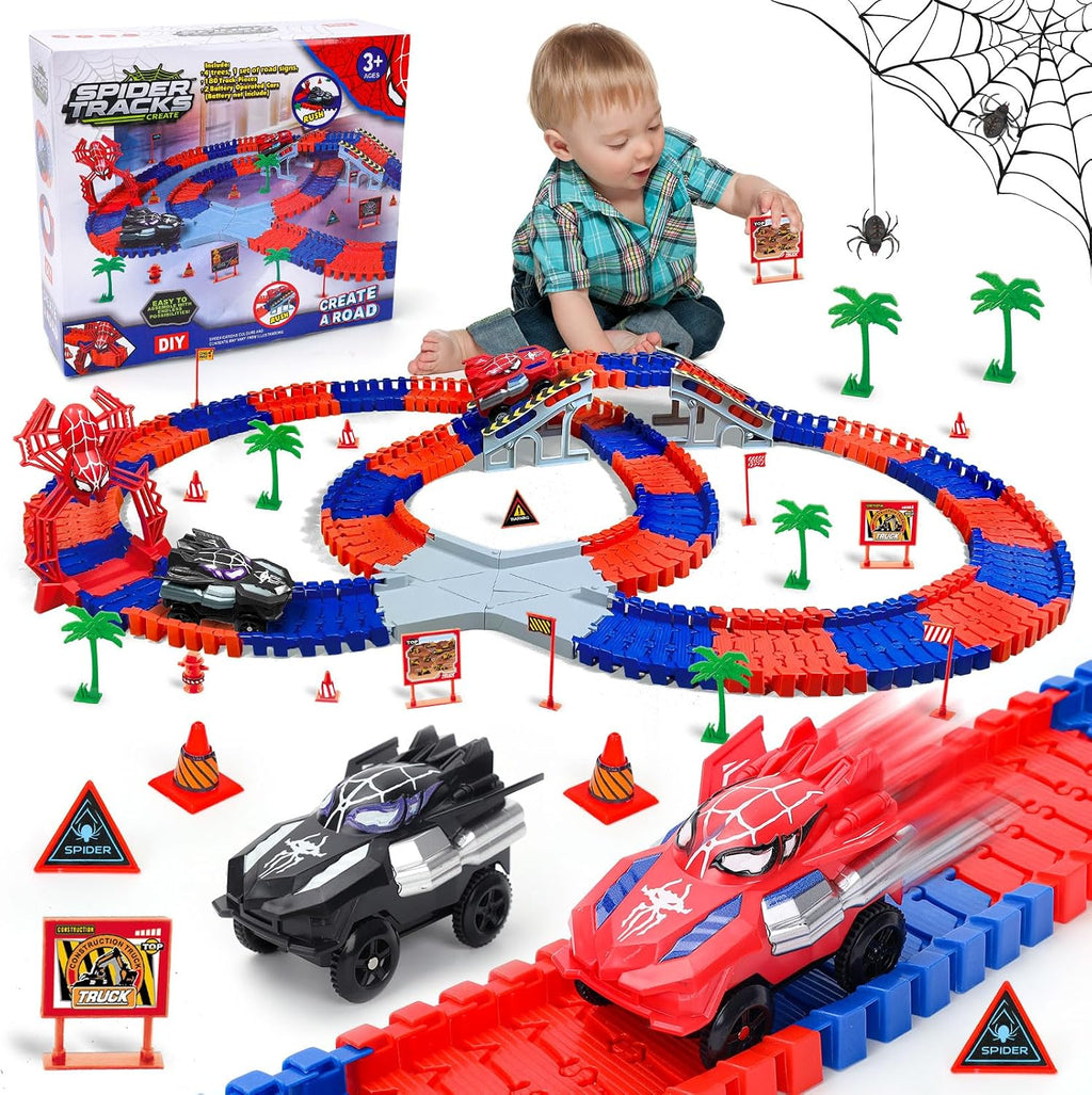 Juguetes de Camiones Monstruo Héroe Araña para Niños y Niñas de 3, 4, 5, 6, 7, 8, 9 Años: Set de Pista de Carreras con 2 Coches Araña Eléctricos, Juguetes para Niños, Regalo para Niños y Niñas de 3-9