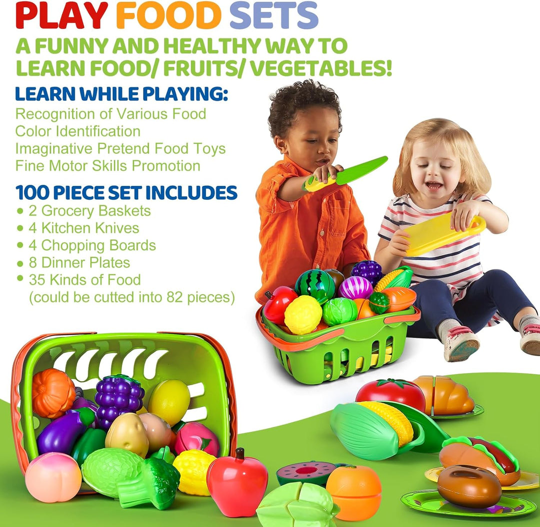 100 PIEZAS Juguetes de Comida de Corte para Cocina Infantil, Juguet...