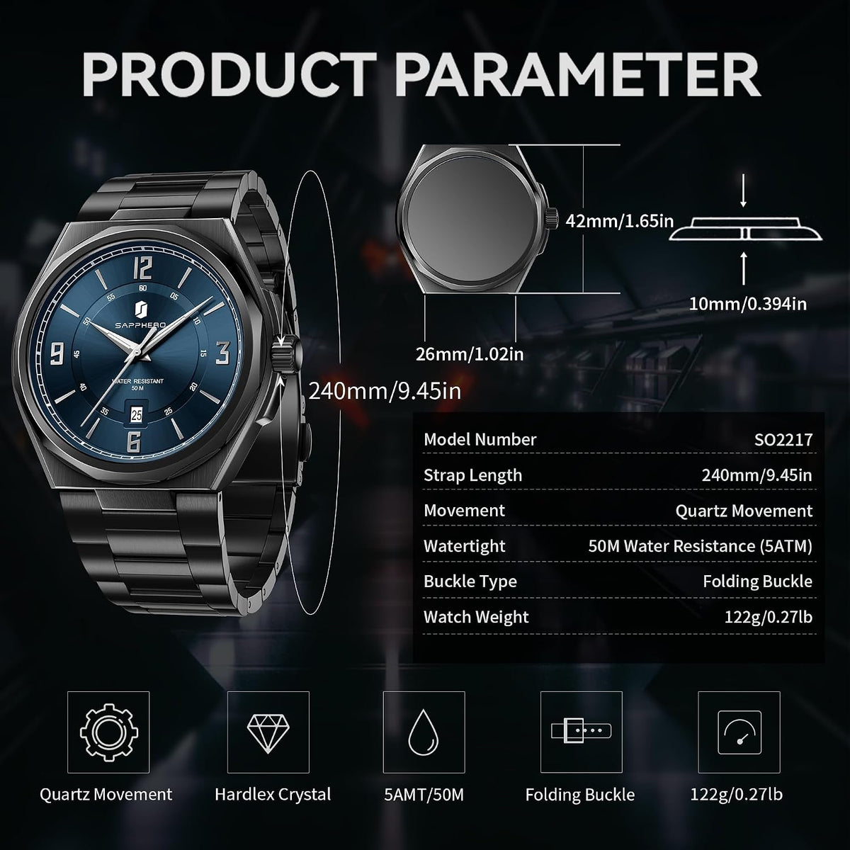 SAPPHERO Reloj para hombre con subesfera de fecha/esfera de números arábigos, cuarzo analógico, correa de acero inoxidable/piel, 164 ft impermeable, reloj de pulsera de vestir casual para trabajo de