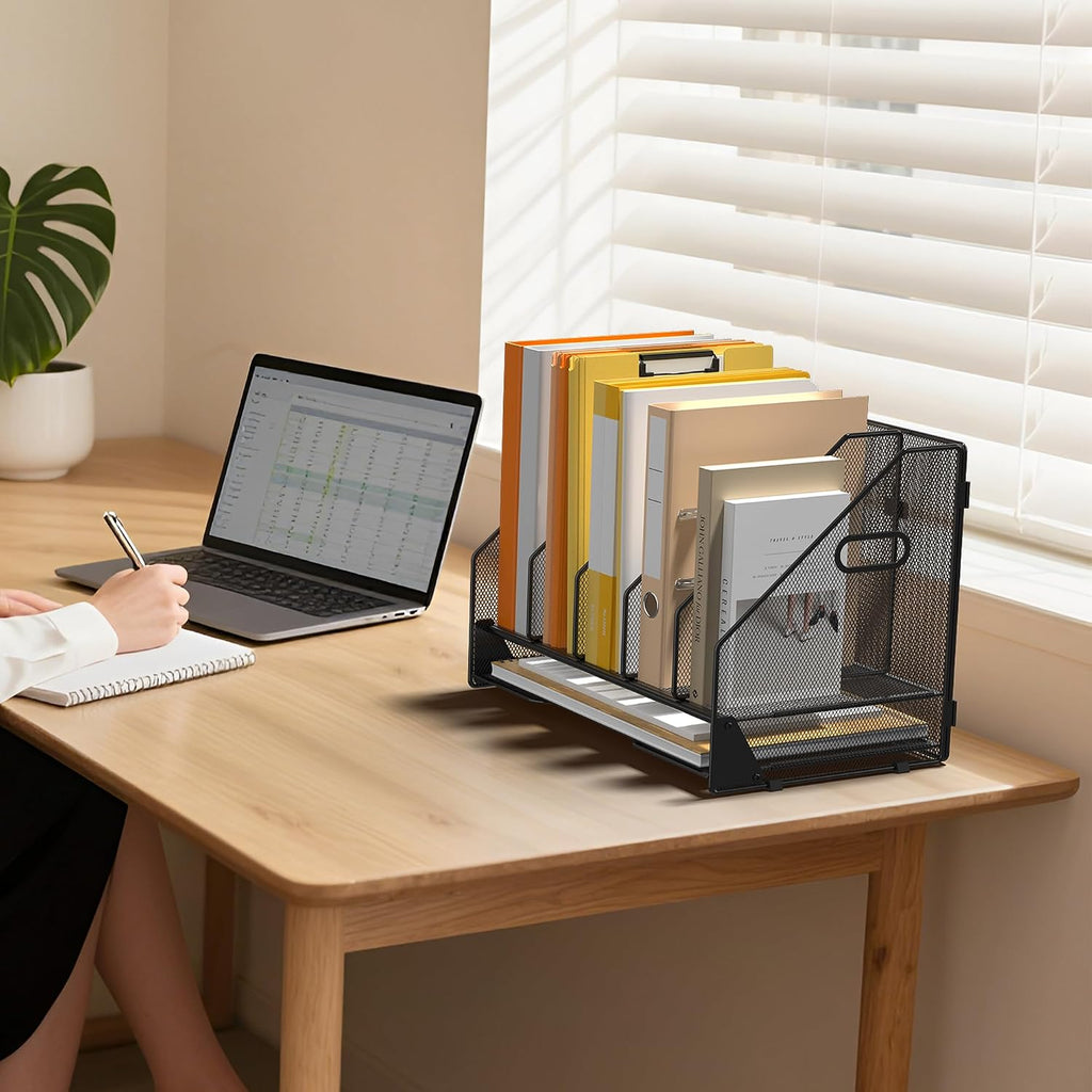 Organizador de Carpetas de Archivos de Escritorio - 5 Compartimentos Verticales con Estantes y Bandeja para Cartas de Papel, Clasificador de Portaarchivos de Revistas de Malla, Accesorios de