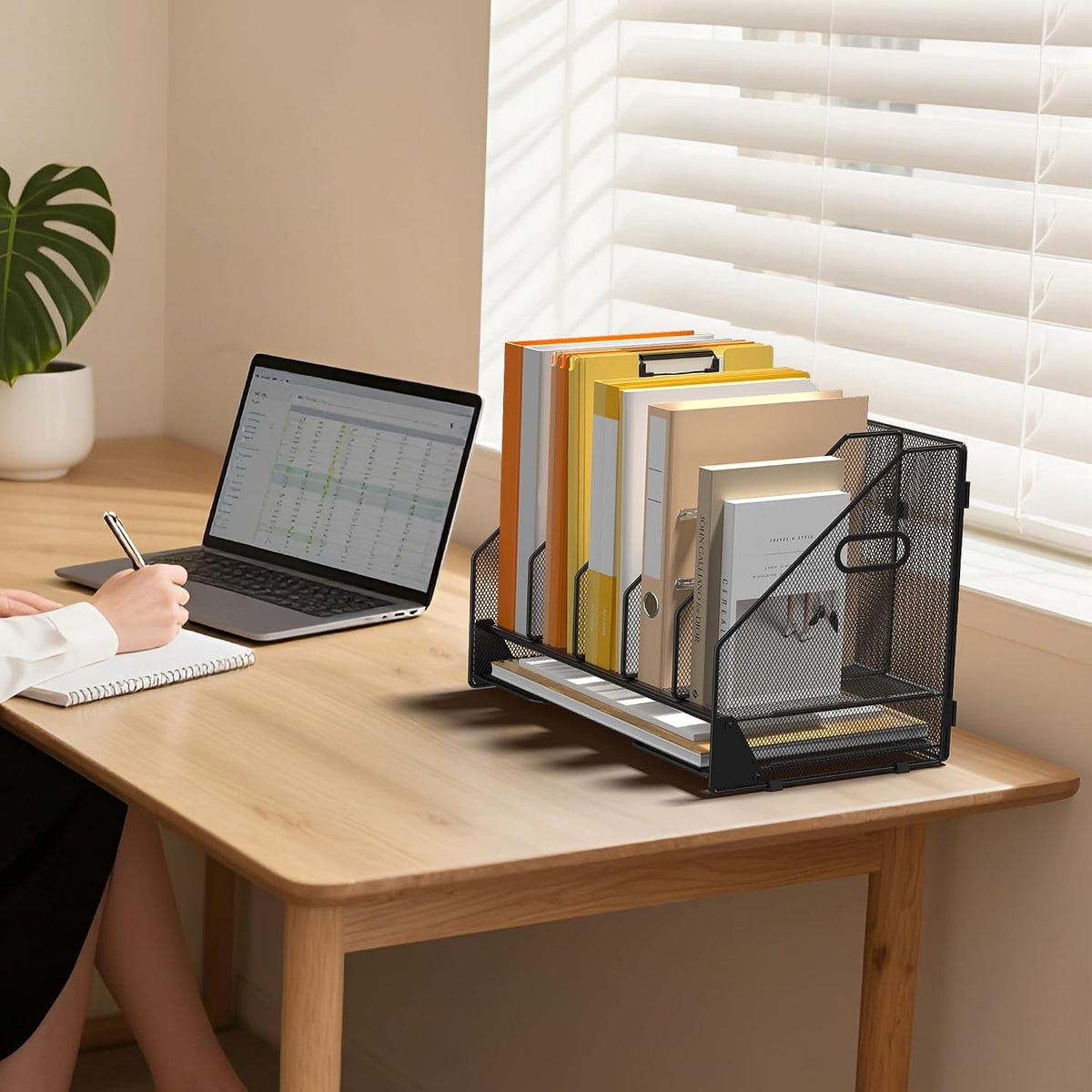 Organizador de Carpetas de Archivos de Escritorio - 5 Compartimentos Verticales con Estantes y Bandeja para Cartas de Papel, Clasificador de Portaarchivos de Revistas de Malla, Accesorios de