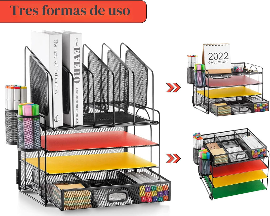 Lámpara Marbrasse Desk organizer with Drawer, 4-Tier Mesh File Organizer with 5 Vertical File Holders and 2 Pen Holders, Multifunction Desktop Organizer,Desk Organizers and Accessories for Home Office