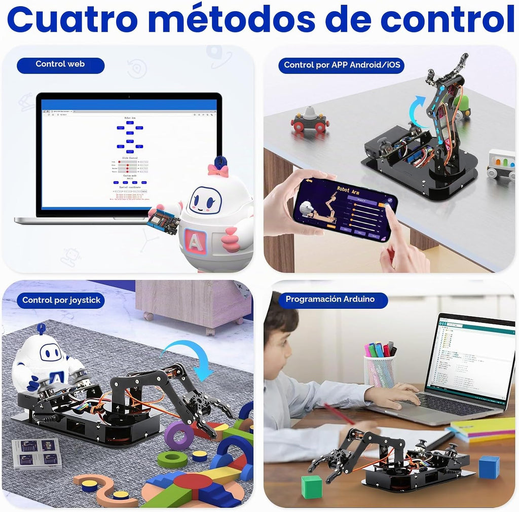 4DOF Kit de brazo robótico para niños compatible con Arduino IDE, programación ESP32 Kit de construcción de brazo robot inteligente STEM juguete educativo de escritorio con joystick y control de