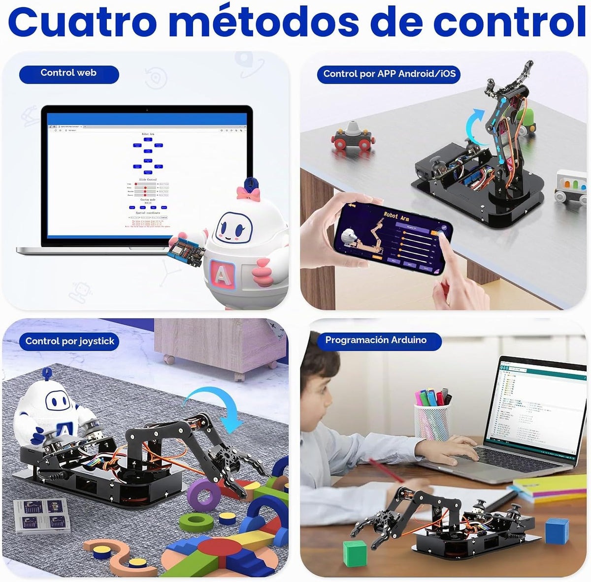 4DOF Kit de brazo robótico para niños compatible con Arduino IDE, programación ESP32 Kit de construcción de brazo robot inteligente STEM juguete educativo de escritorio con joystick y control de