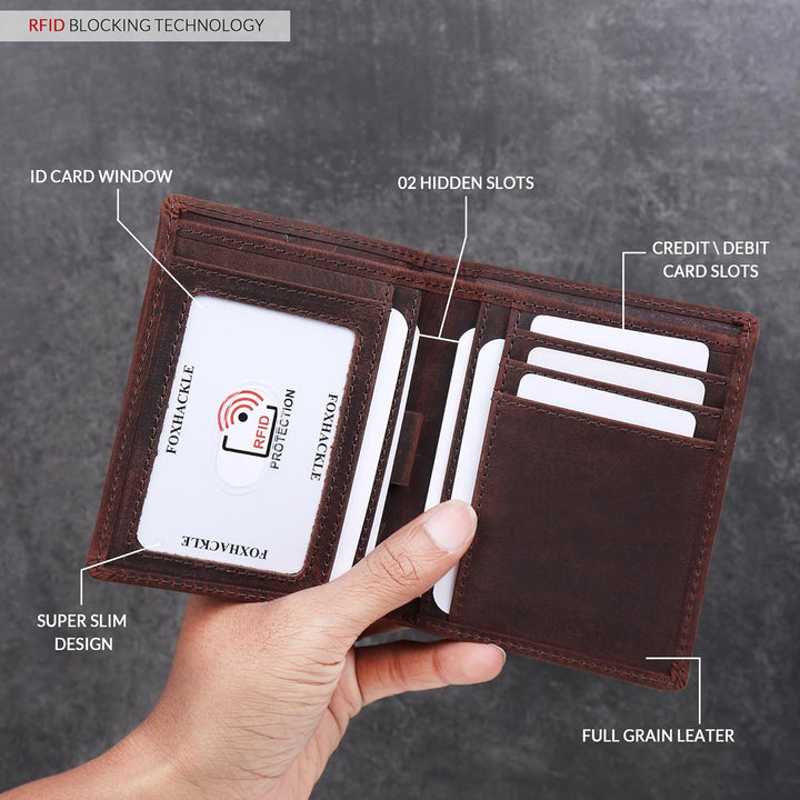 FOXHACKLE Cartera delgada de cuero plegable para hombre con bolsill...