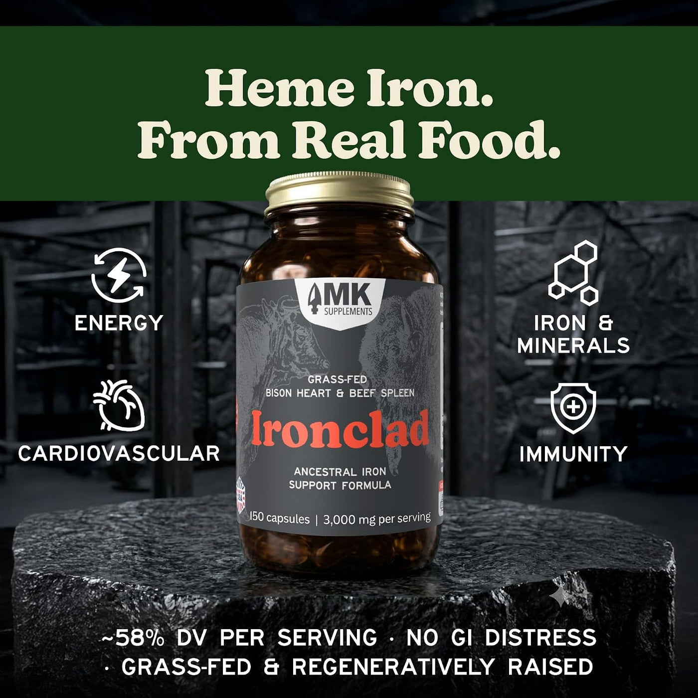 MK Supplements IRONCLAD | Cápsulas de corazón de bazo de res y biso...
