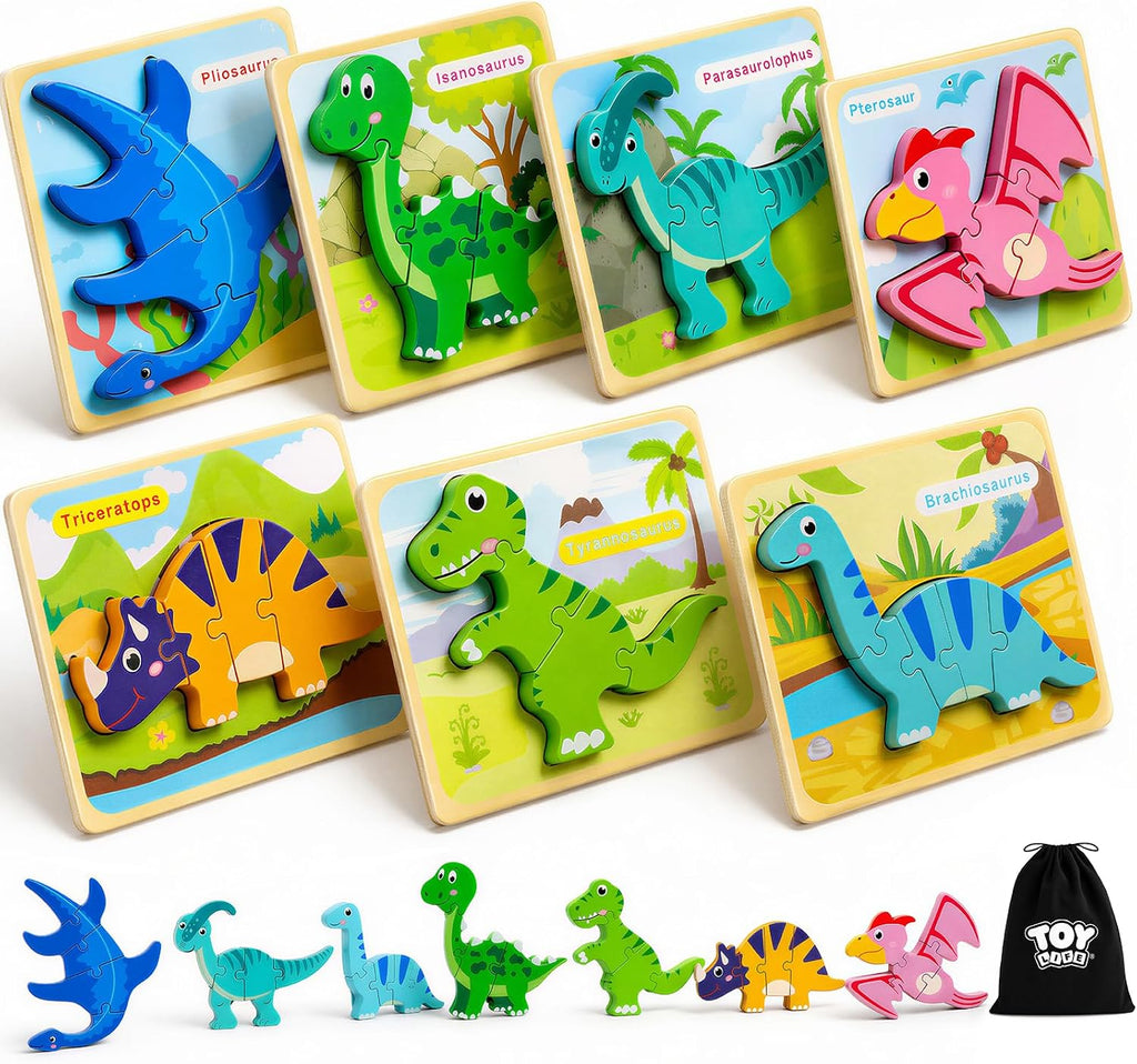 TOY Life Rompecabezas para niños de 2 a 4 años, rompecabezas de madera para niños pequeños de 1 a 3 años, 7 piezas de rompecabezas de dinosaurios de 2 años, rompecabezas para niños de 3 a 5 años