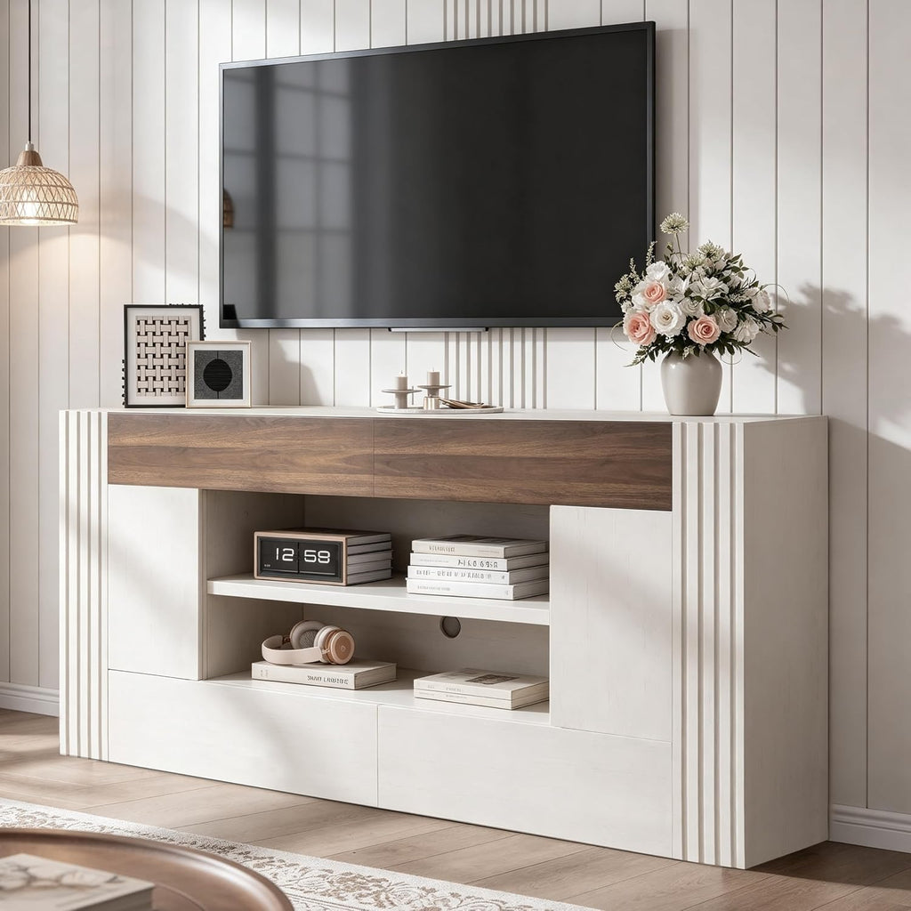 Moderno soporte de TV de 70 pulgadas para televisores de hasta 80 pulgadas, centro de entretenimiento con 2 cajones y 2 armarios laterales, consola multimedia con estantes de almacenamiento
