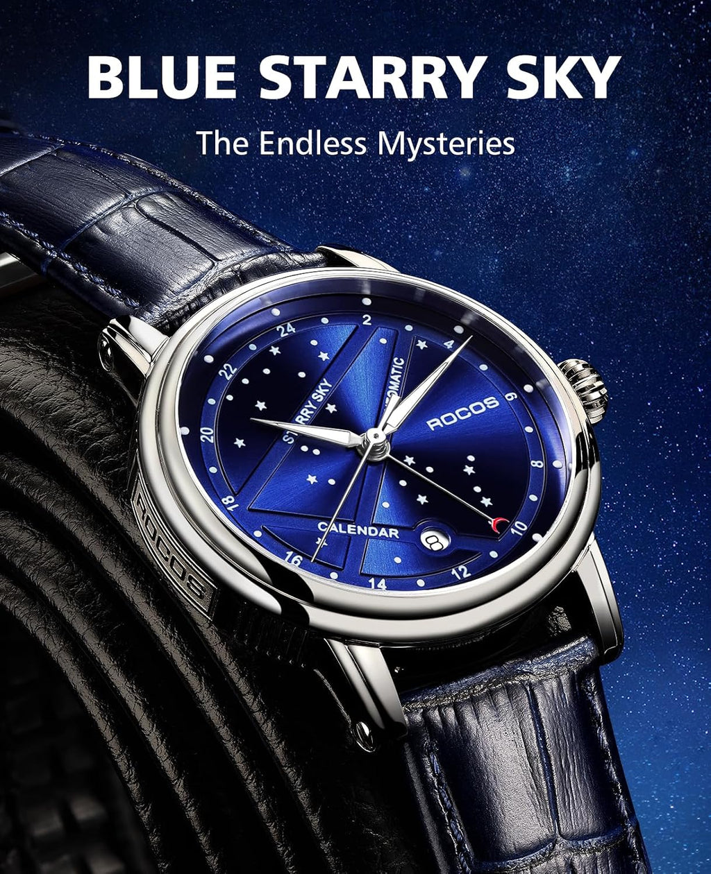 ROCOSJEWE Reloj mecánico automático de lujo para hombre, correa de cuero luminosa de cielo nocturno, impermeable, visualización de fecha, relojes de negocios de moda para hombres RW0108