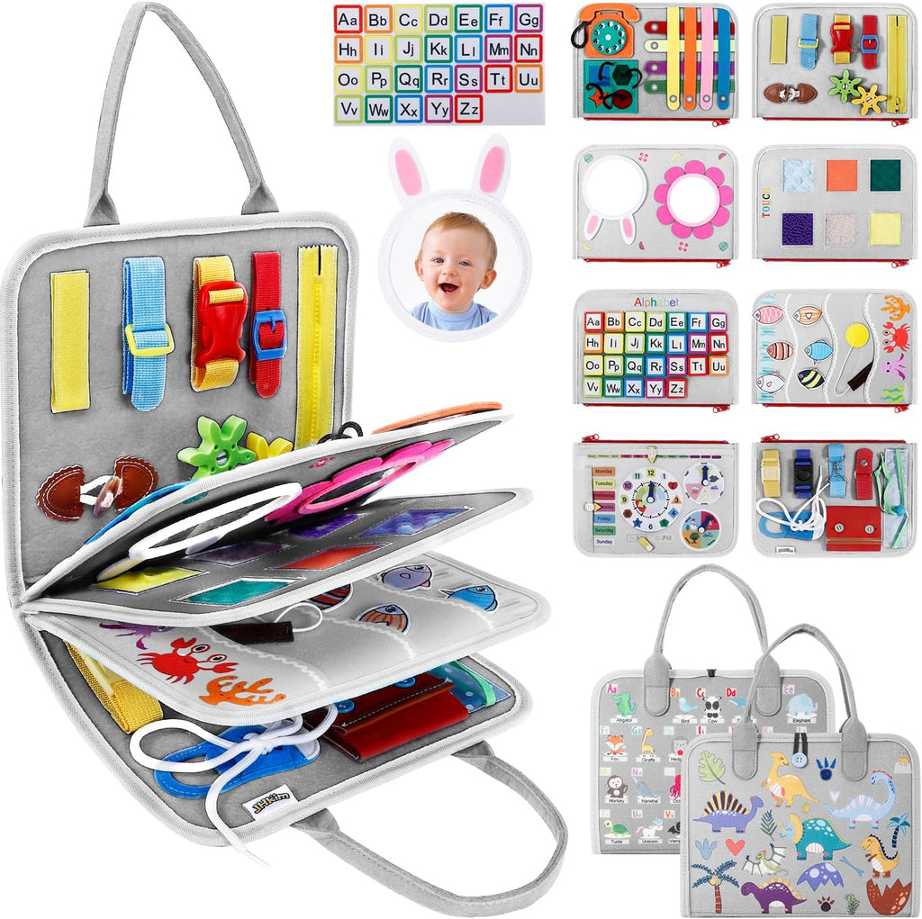 Juguete Montessori para niños y niñas, regalos de cumpleaños, juguete sensorial de viaje para autismo, actividad educativa, libro sensorial ocupado para aprender habilidades motoras finas, gris