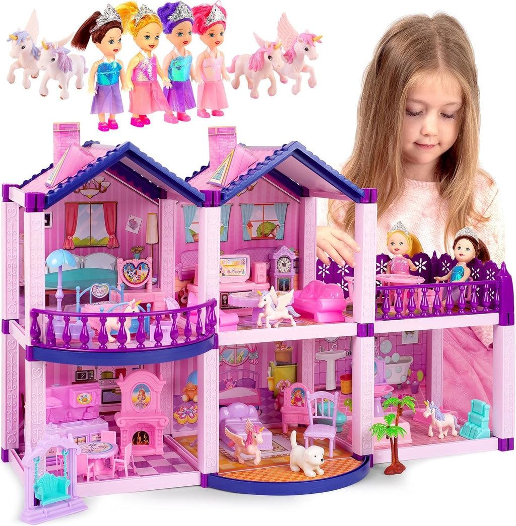 Casa de muñecas con 4 princesas, 4 unicornios, perro, muebles y accesorios – Casa de muñecas de ensueño rosa y morado juguete para niñas pequeñas – 5 habitaciones con jardín, muebles y accesorios