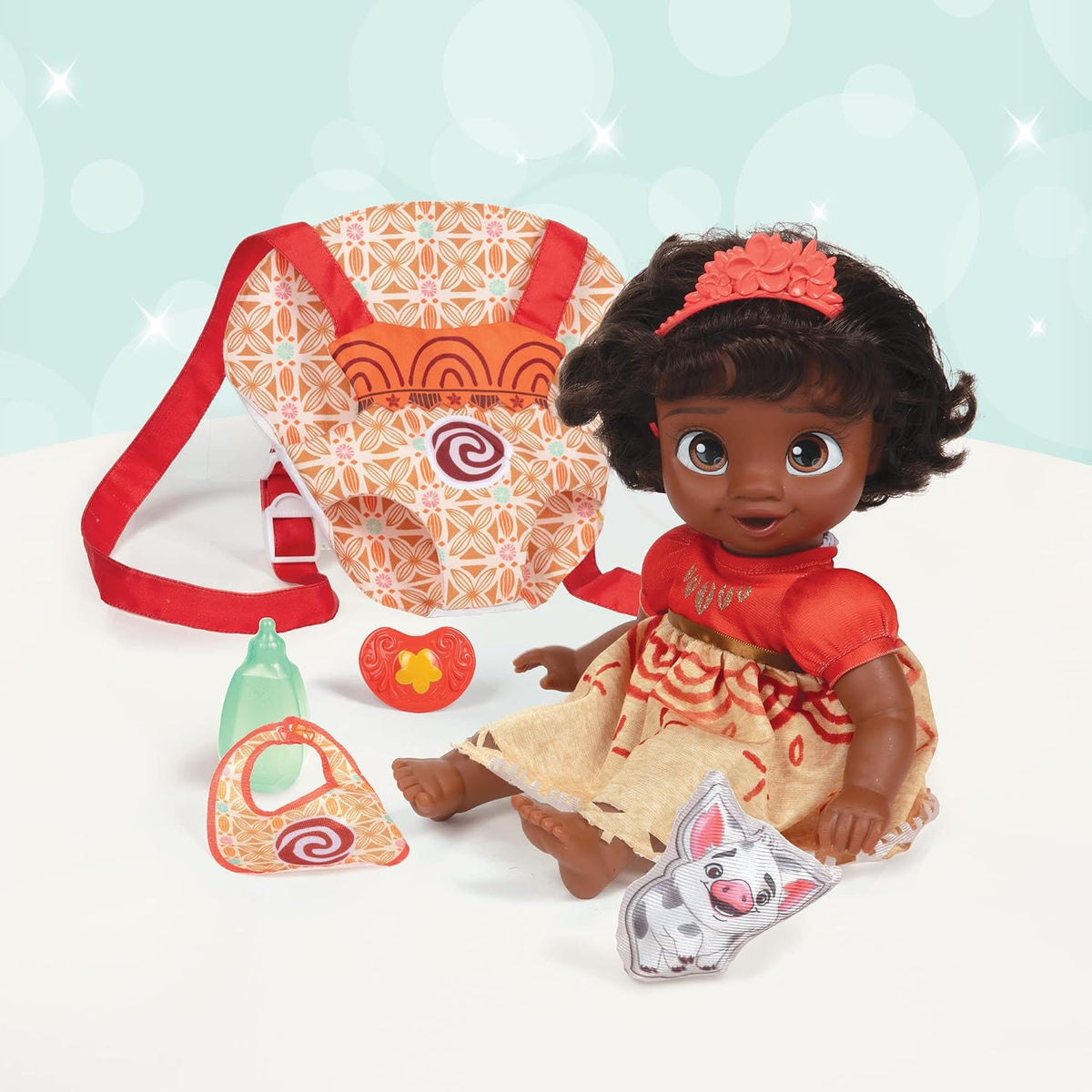 Disney - Muñeca de la princesa Baby Moana de lujo con tiara, portabebé, amigo de felpa, chupón, babero y biberón [Exclusivo de Amazon]