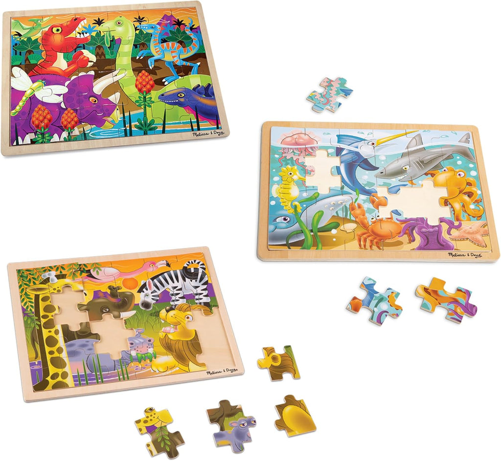Melissa & Doug Juego de rompecabezas de 3 rompecabezas: dinosaurios, océano y safari