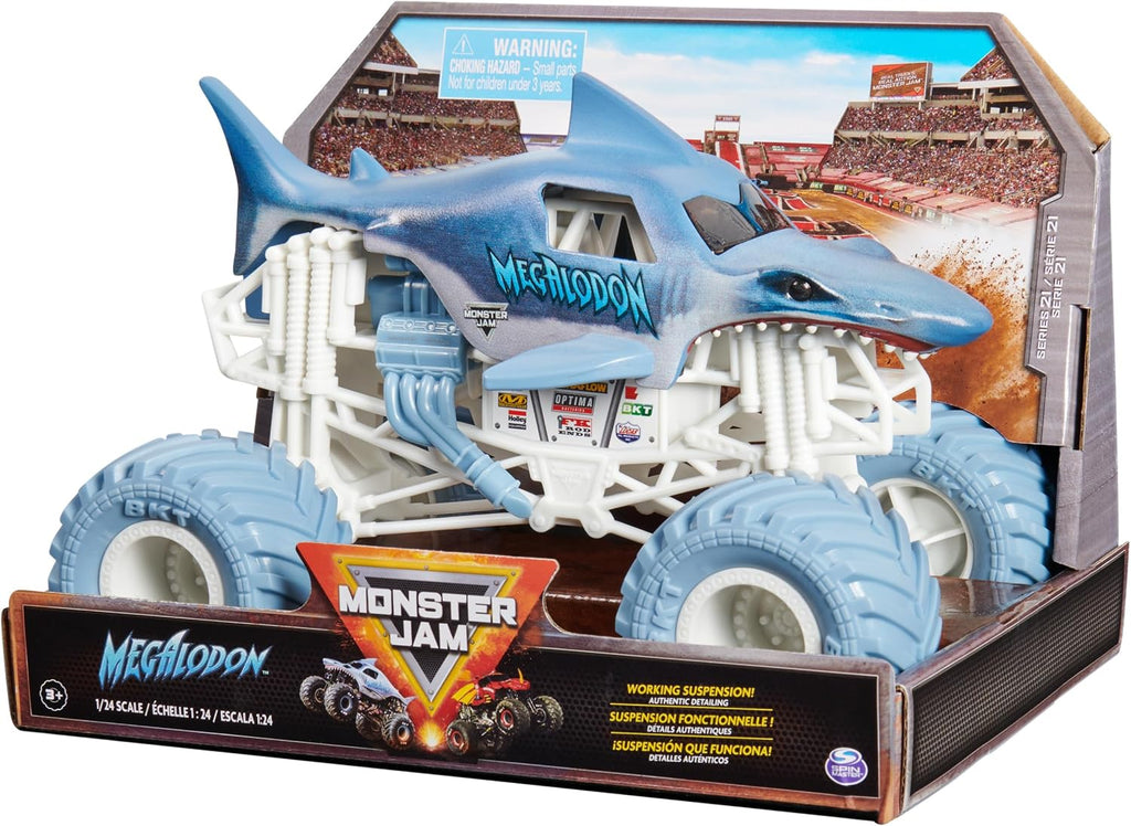 Monster Jam Camión monstruo oficial Megalodon - Retro 2017 edición original a escala 1:24 vehículo fundido a presión, llantas cromadas y neumáticos BKT para uso en todos los juegos de juego