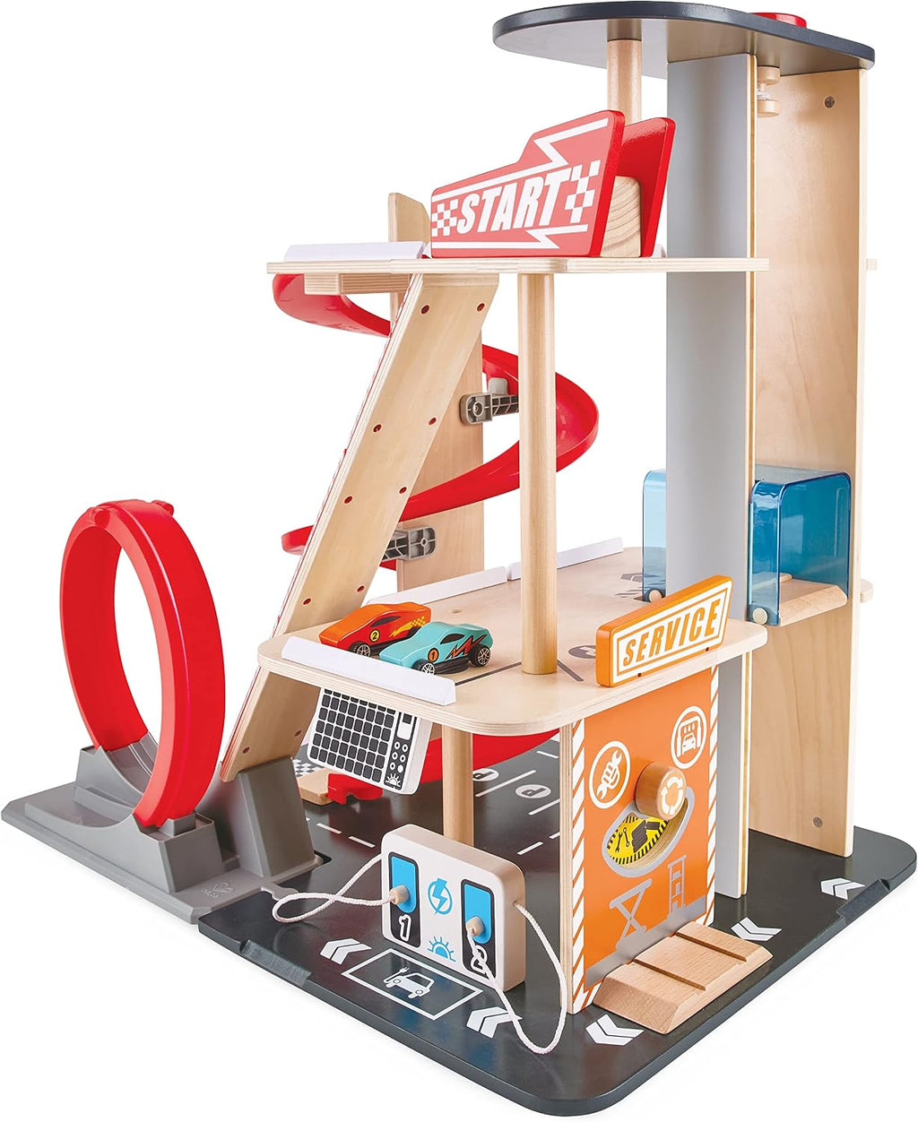 Hape Gearhead Stunt Garage - Juego de Garaje de Estacionamiento de Autos de Juguete de Madera para Niños con Ascensor y 2 Pistas de Salida, Bucle Desmontable, Incluye 2 Autos de Carreras de Juguete de
