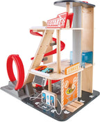 Hape Gearhead Stunt Garage - Juego de Garaje de Estacionamiento de Autos de Juguete de Madera para Niños con Ascensor y 2 Pistas de Salida, Bucle Desmontable, Incluye 2 Autos de Carreras de Juguete de