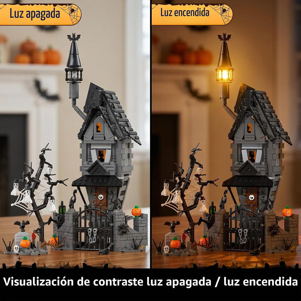 Juego de construcción de mansión embrujada de Halloween 2026, juego de bloques de construcción de casa embrujada antes de Navidad, calabazas que brillan en la oscuridad y fantasmas esqueléticos