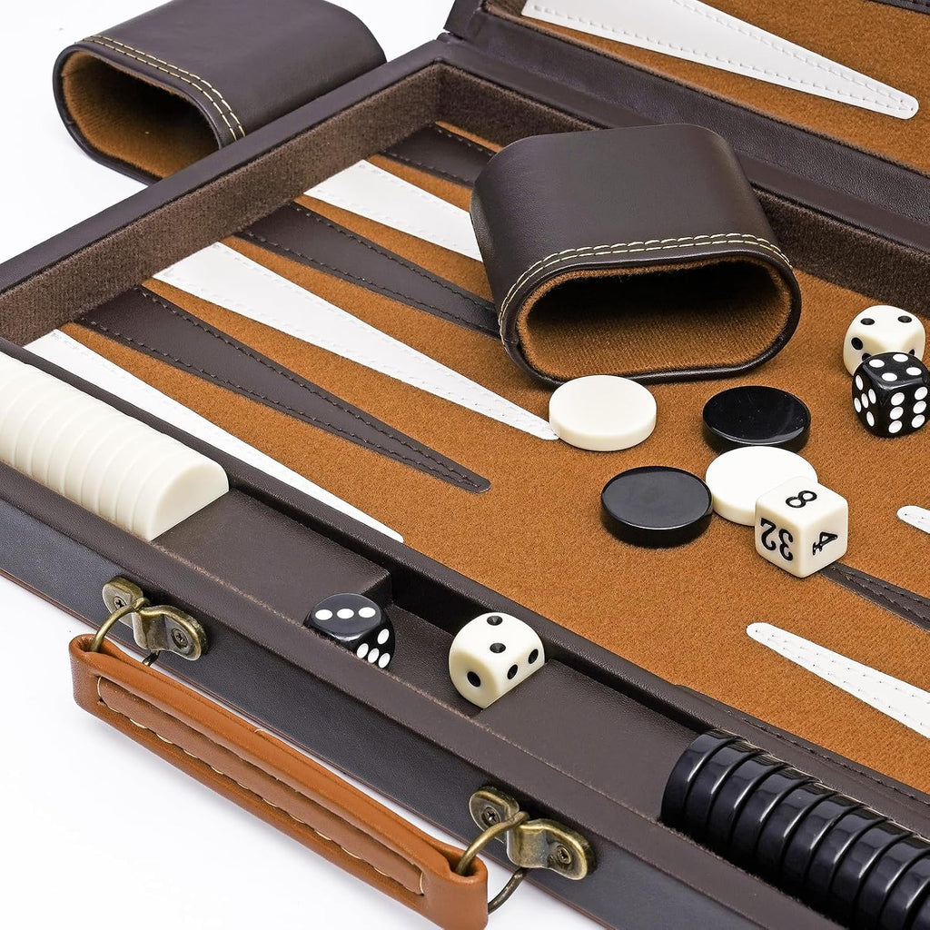 Backgammon Set para adultos, piel sintética de 15 pulgadas, color marrón