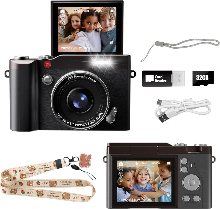 HEYMAO Cámara digital para niños de 64MP 1080P con pantalla abatibl...