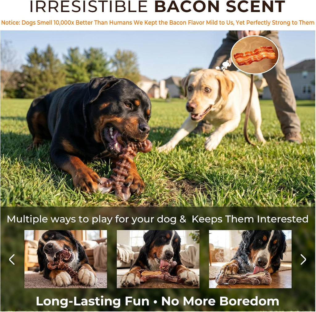 Kseroo Paquete de 6 juguetes masticables de nailon resistente para perros medianos y grandes, sabor a tocino, nailon puro para masticadores agresivos, reduce el aburrimiento, formas variadas, diseñado