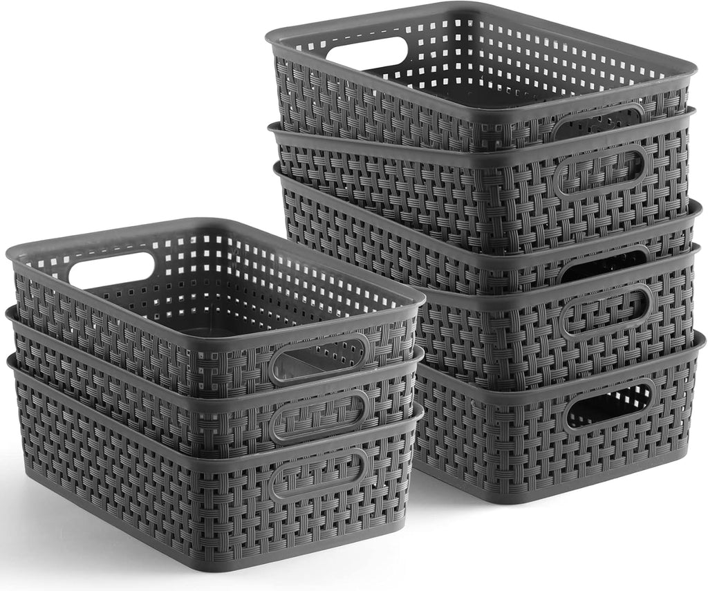 NETANY Cestas de almacenamiento de plástico, paquete de 8, gris, duraderas, fáciles de usar, flexibles, multiusos, ideales para armarios, armarios, estantes, encimeras