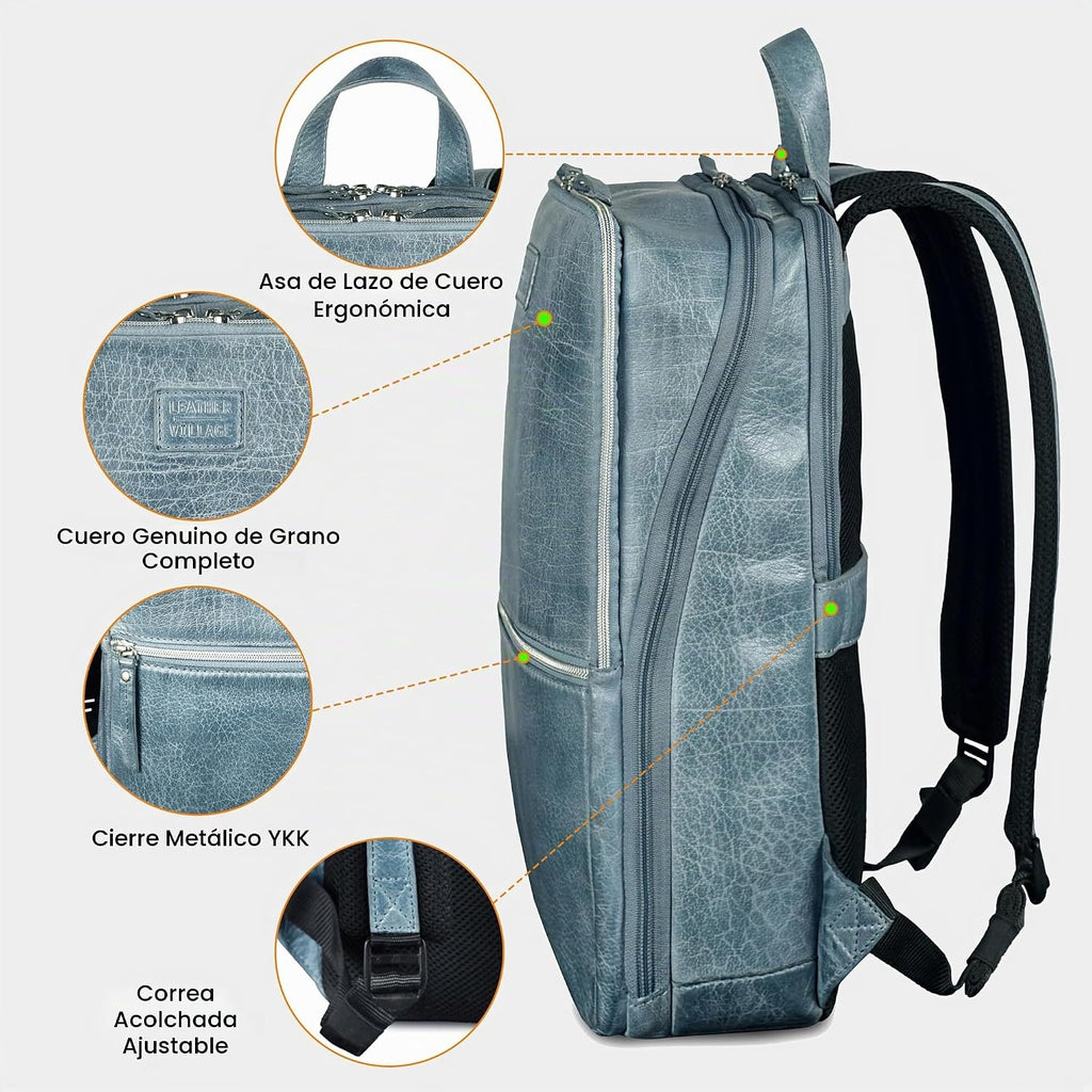 LEATHER VILLAGE Mochila de cuero para computadora portátil para hombres con correa de carretilla 16L Slim