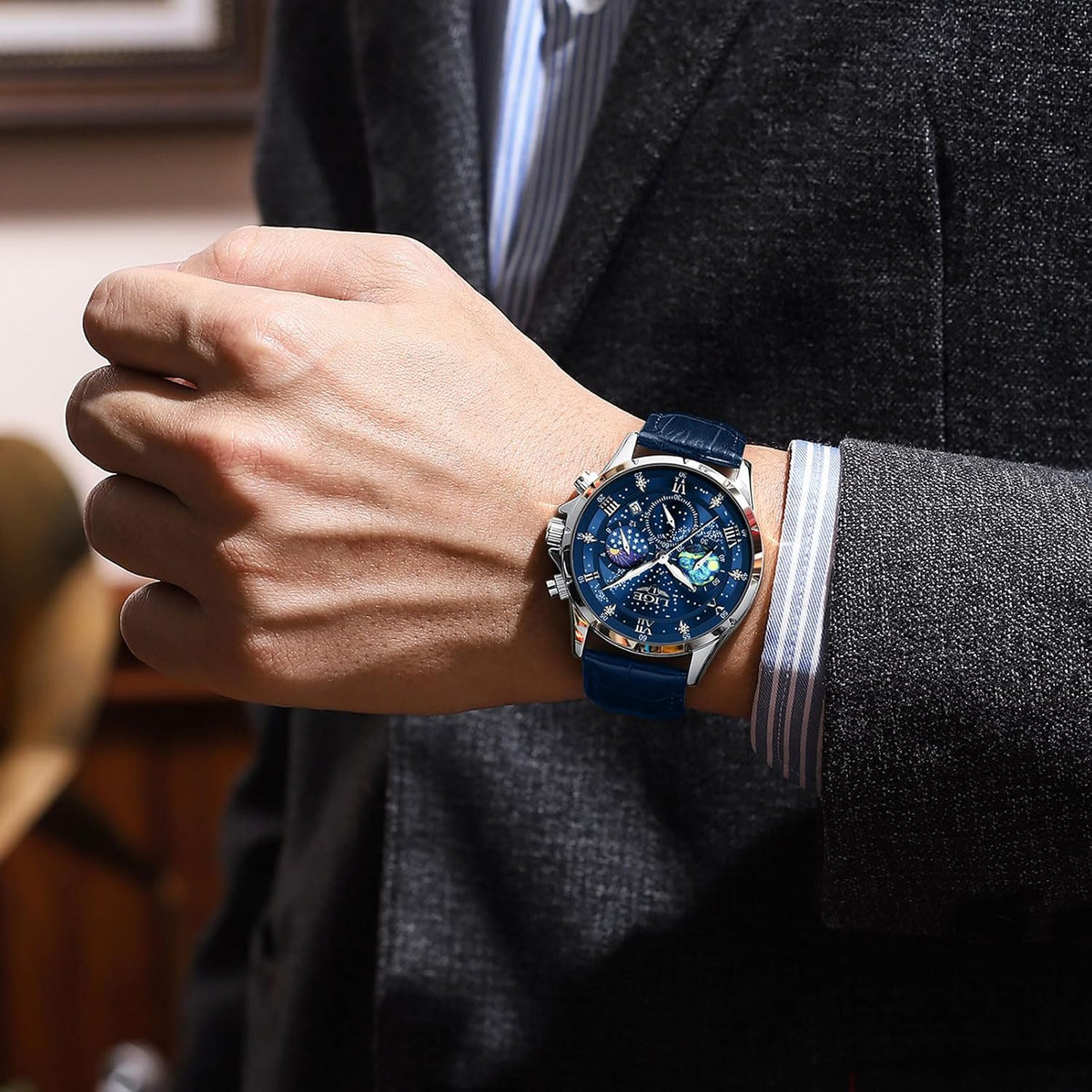 Relojes impermeables LIGE para hombre analógico de vestir, cronógrafo a prueba de agua, trabajo casual con correa de cuero, resistente al agua, pantalla de fase lunar, cuarzo, reloj de pulsera con fecha y luminoso para hombre