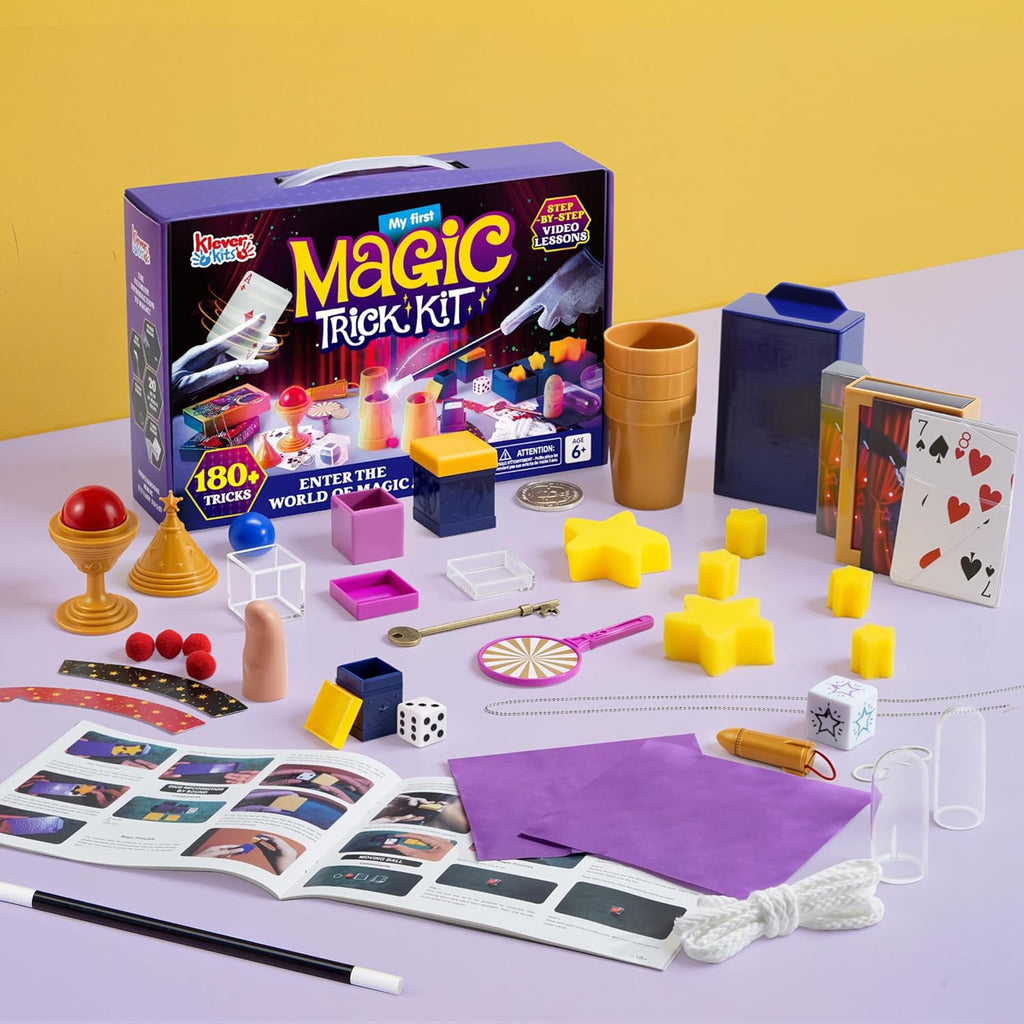 JOVA Klever Kits 180+ Magic Set - My First Magic Trick Kit- Increíble juguete de mago con lecciones de video paso a paso, para niños mayores de 6 años, trucos fáciles de varita y tarjetas de ilusión