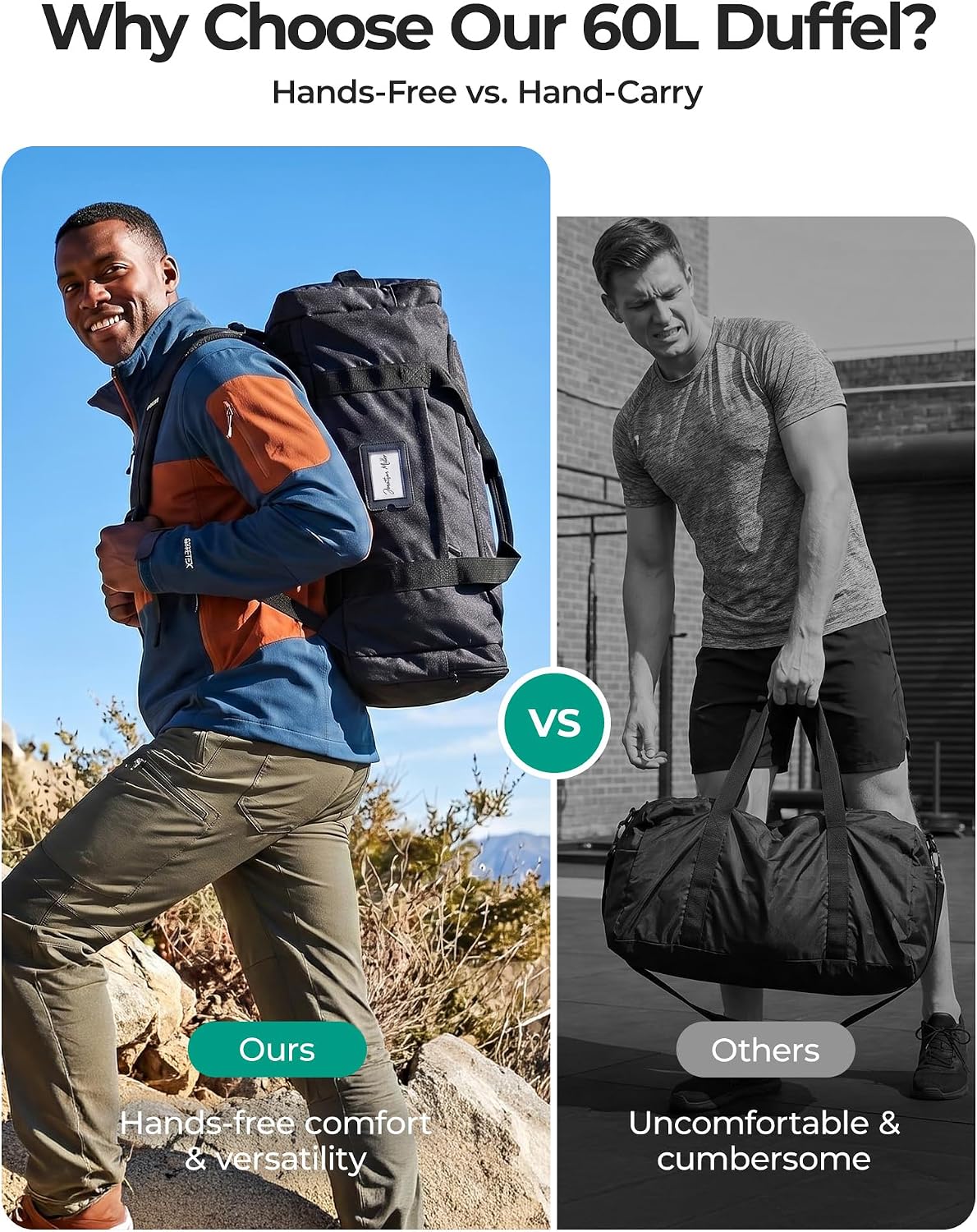 BAGSAMRT - Bolsa de lona plegable de 60 litros para viajes, bolsa de viaje grande para hombres, mochila de viaje 4 en 1, bolsa de transporte para fin de semana, color negro