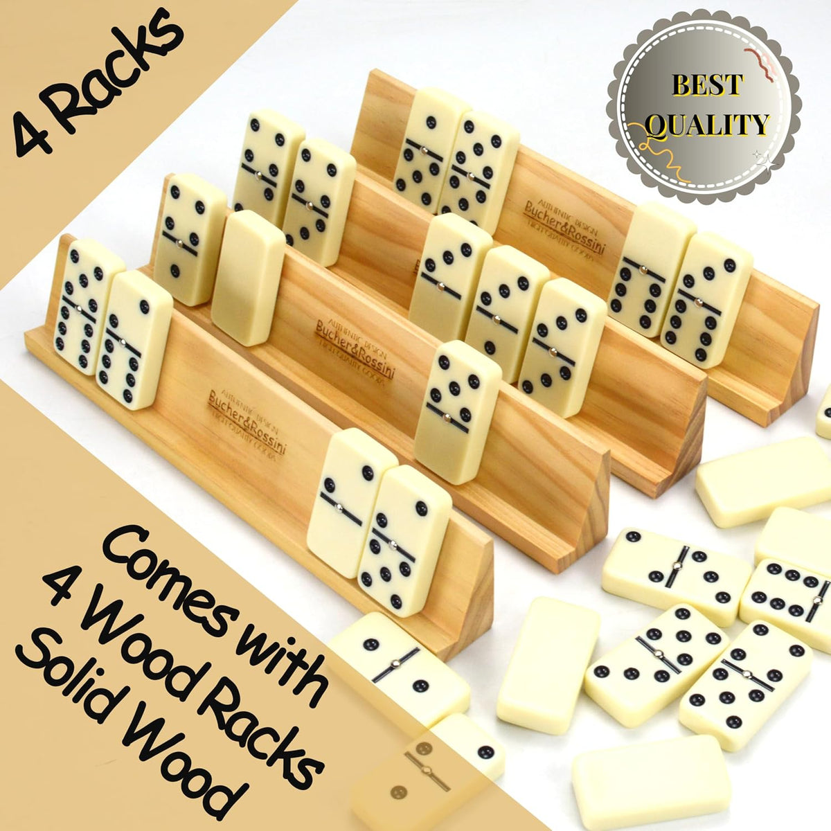 Bucher&Rossini Juego de dominó para adultos con 4 bastidores de dominó dobles de seis juegos de dominó en estuche portátil con 4 soportes de dominó de madera en estuche rígido de EVA, resistente y fácil de llevar, regalo ideal