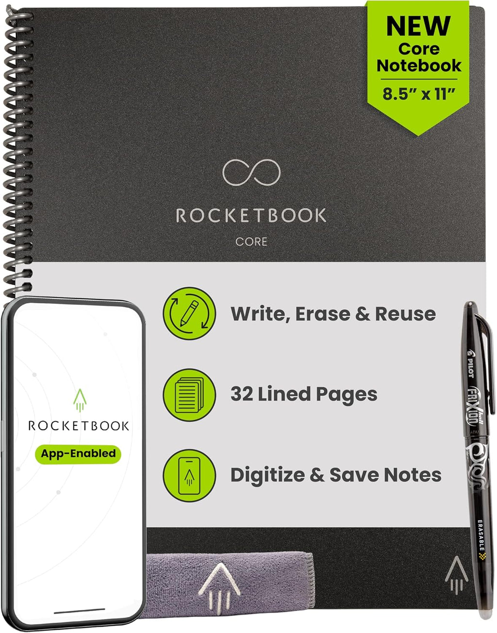 Rocketbook Core - Cuaderno inteligente reutilizable, tamaño carta, 8.5 x 11