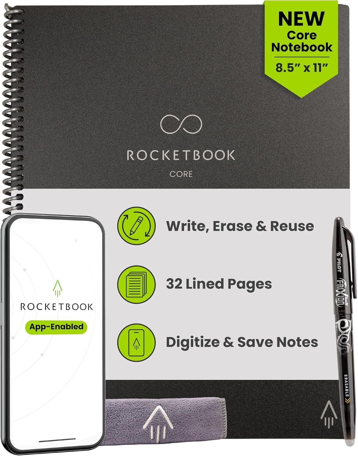 Rocketbook Core - Cuaderno inteligente reutilizable, tamaño carta, 8.5 x 11